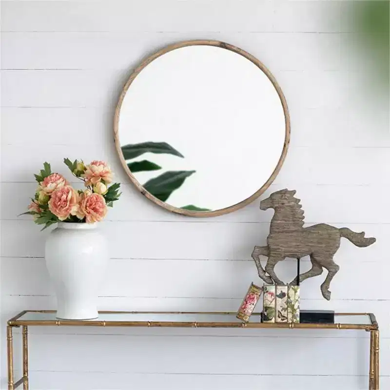 28 Rustic Round Wood Wall Mirror, Farmhouse Fir Wood Circle Decorative Mirror for Entryway & Living Room - Panipeachy