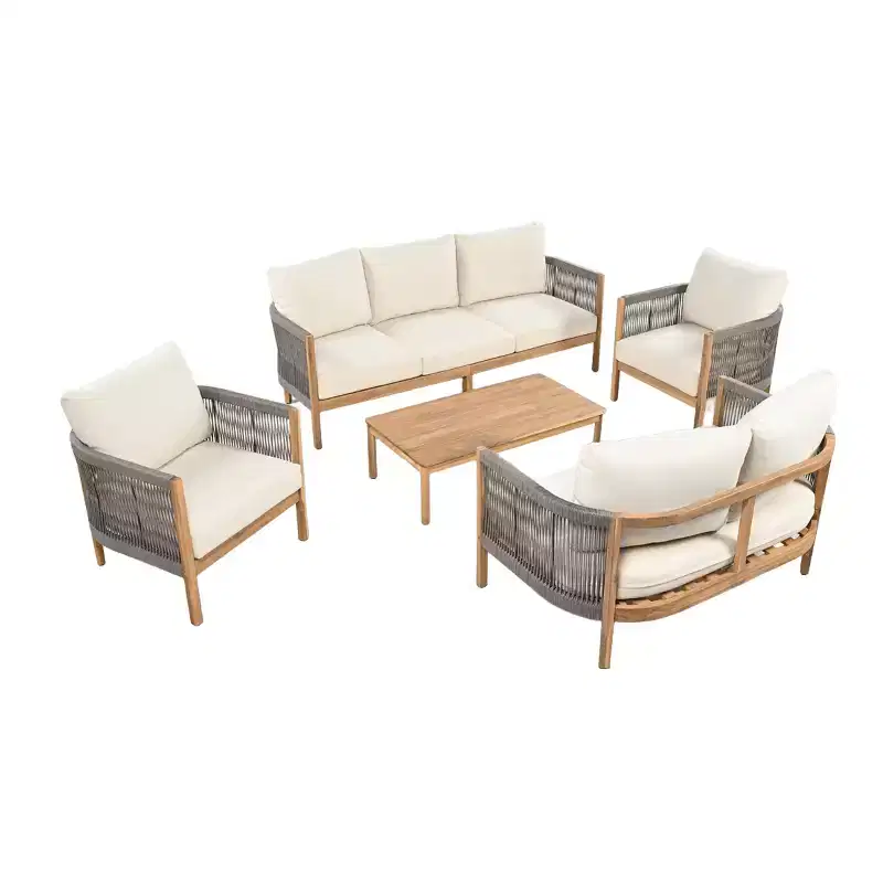 Christopher Knight Home Naveed 5 Piece Patio Rope Weaving Acacia Wood Seating Set with Cushion