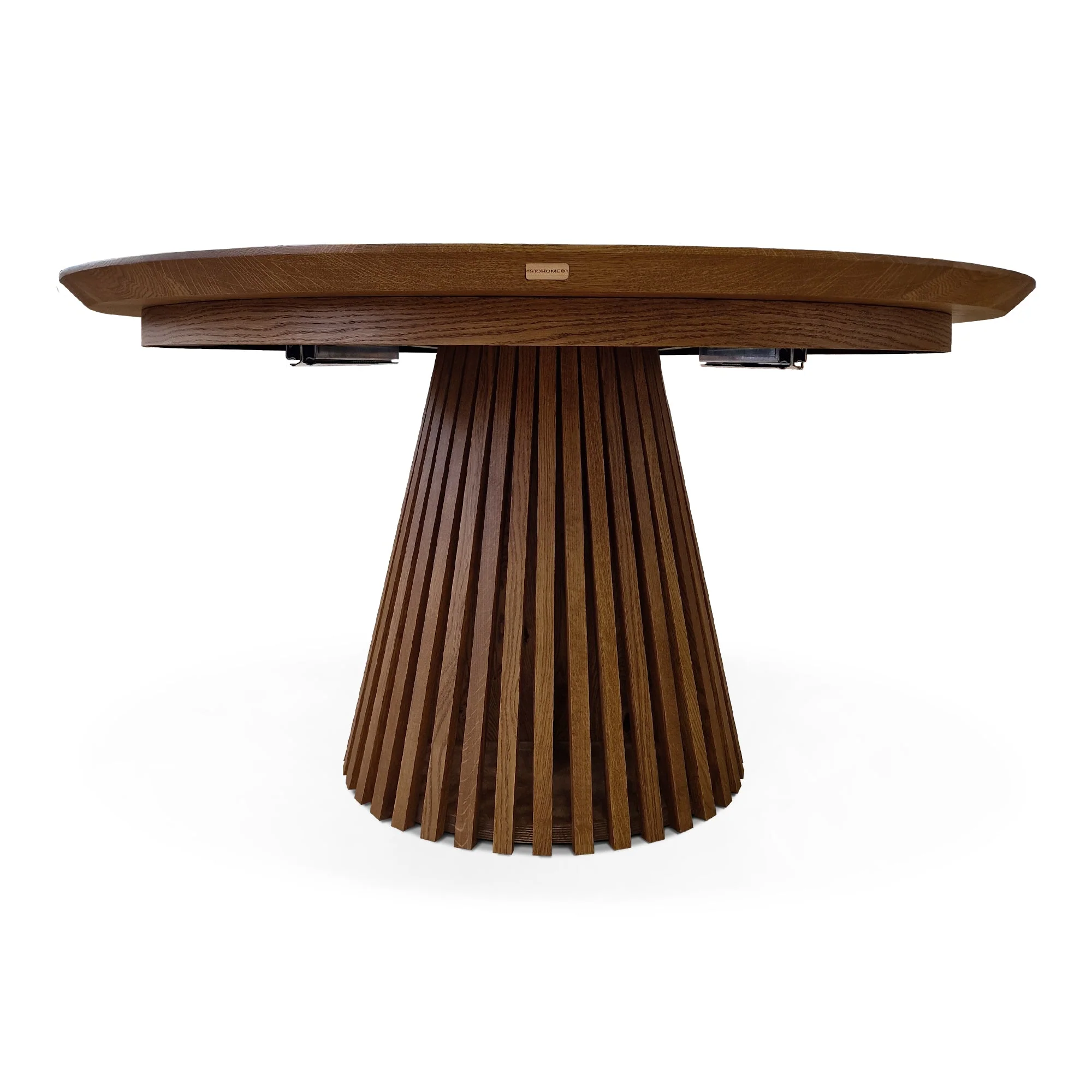 Round Dining Table in Darker Oak - Introducing our handcrafted round dining table in oak with pipe legs - a stunning addition to any home