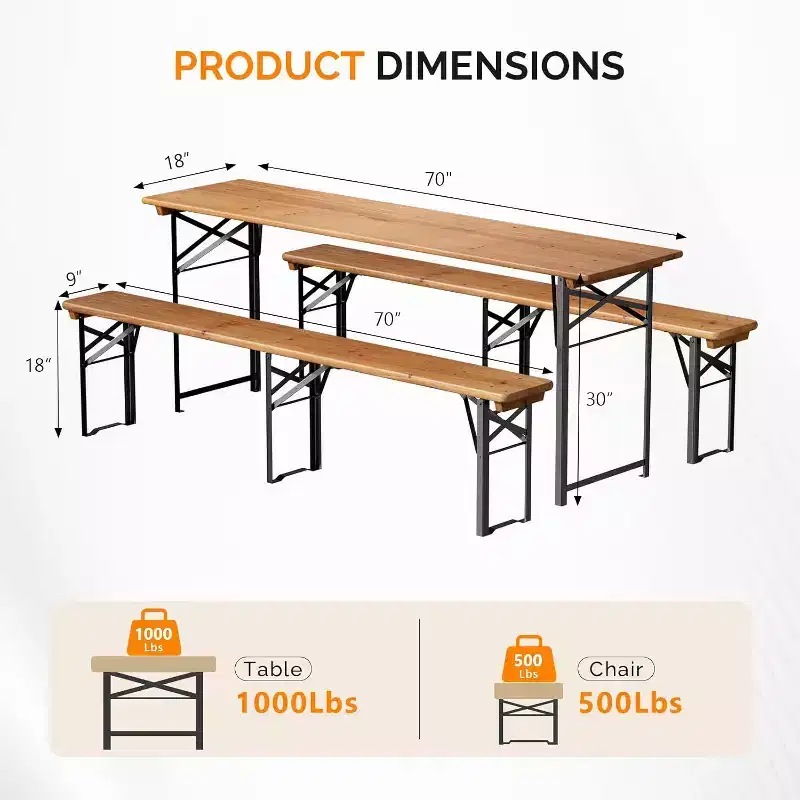 VINGLI 70 Inch Folding Picnic Tables with Benches Set, Weather-Resistant Wooden Beer Garden Table Bench, 3-Piece Portable Fold Up Camping BBQ Table