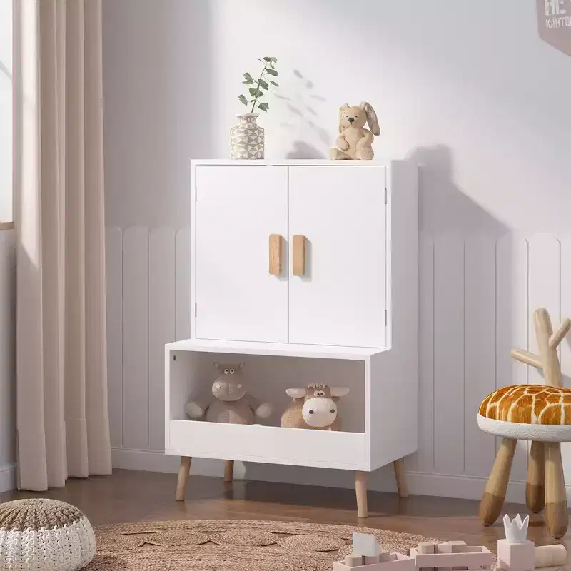 Whisen Kids Toy Storage Cabinet with Doors and Open Shelf, Modern Organizer with Natural Wood Legs - White