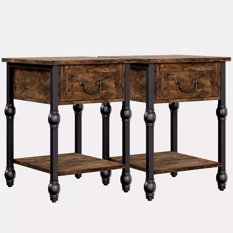 Industrial 2-Piece Nightstand Set with Drawer & Shelf, Metal Frame End Tables with Wooden Top, Space-Saving Accent Tables for Living Room, Bedroom