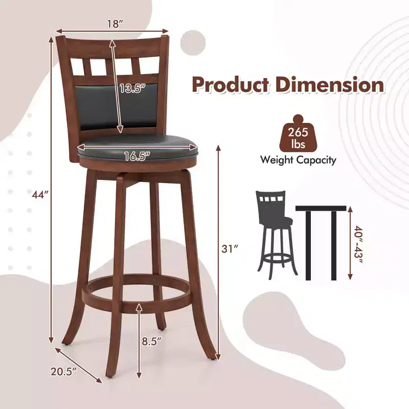 Costway Wood Swivel Bar Stools Set of 2 with Faux Leather Upholstered Seat & Back