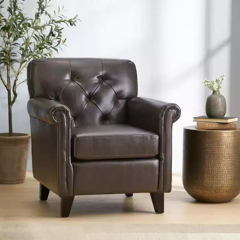 Contemporary Bonded Leather Tufted Club Chair with Rolled Arm Design