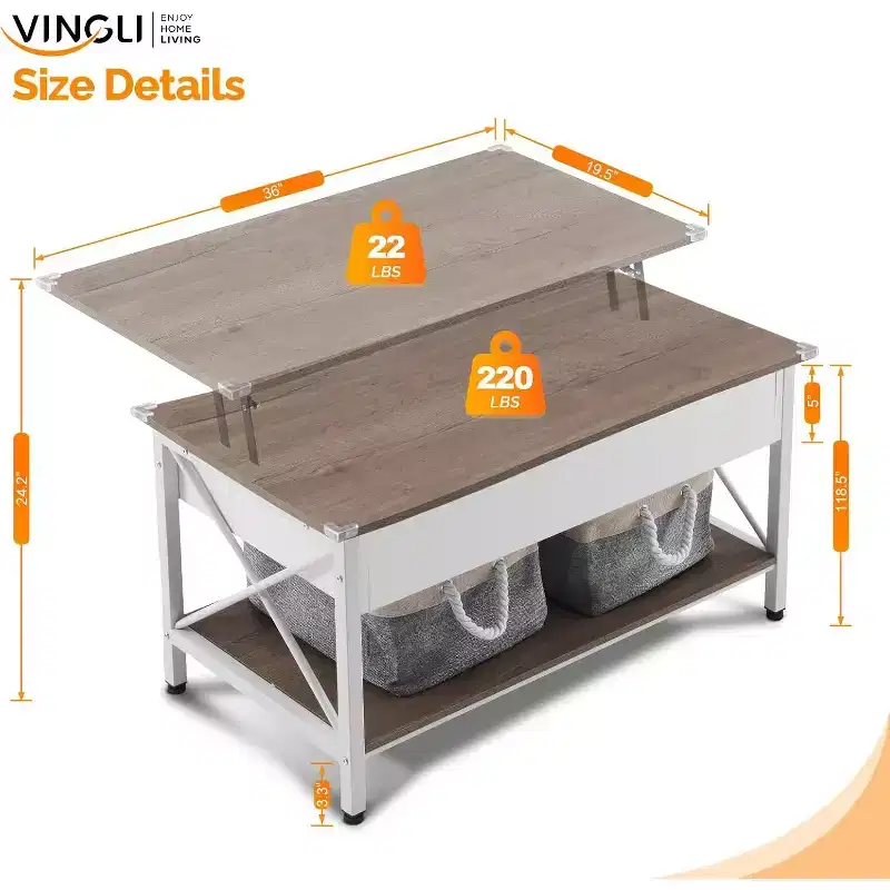 White & Brown Lift Top Coffee Table with Storage Bins, 1-Person Use