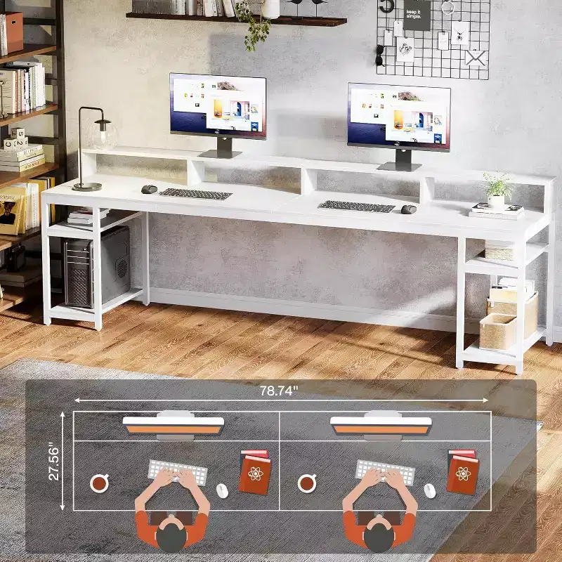 78.74 Inches Extra Long Two-Person Desk with Monitor Stand and Storage Shelves, White Study Work Table for Home Office