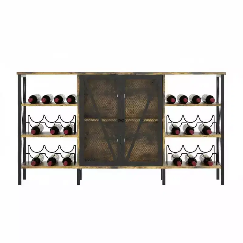 Farmhouse Wine Bar Cabinet, Industrial Coffee Bar Sideboard with Wine Rack and Glass Holder