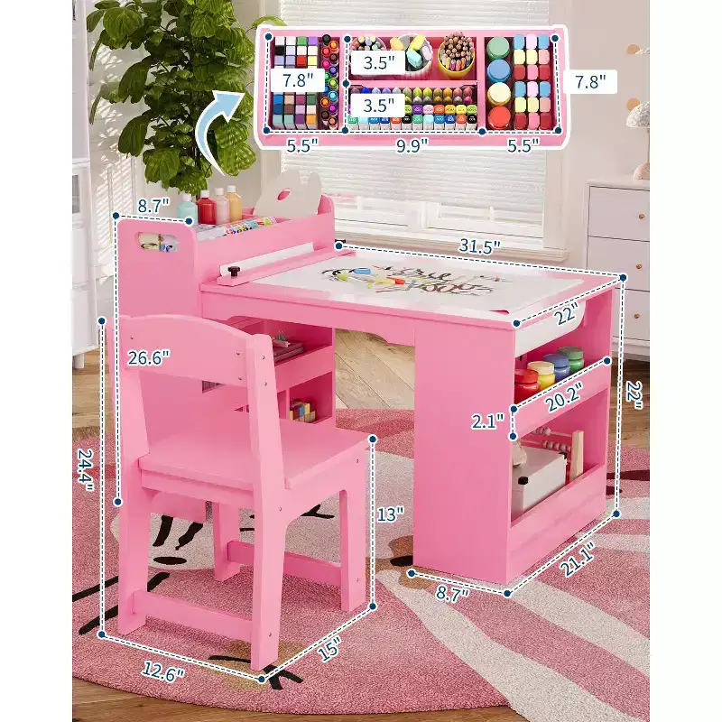 Kids Art Table and Chairs, Wooden Craft Desk with Storage Shelves for Toddlers, Children's Activity Table for Home Classroom Daycare