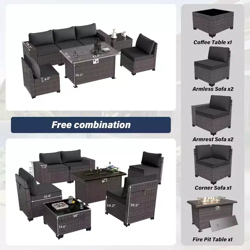 ALAULM 7 Pieces Patio Furniture Set, Rattan Wicker Outdoor Conversation Sets, Furniture Sofa Set w/43in Propane Fire Pit Table