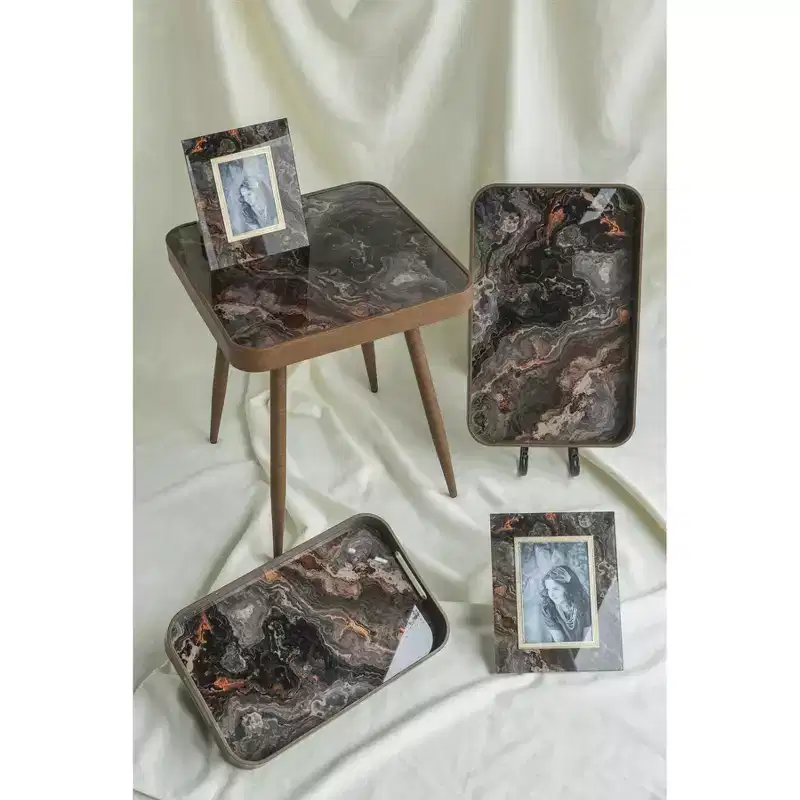 Square Side Table with Glass Top Marbled Design and Gold Iron Legs 17.3x17.3x18