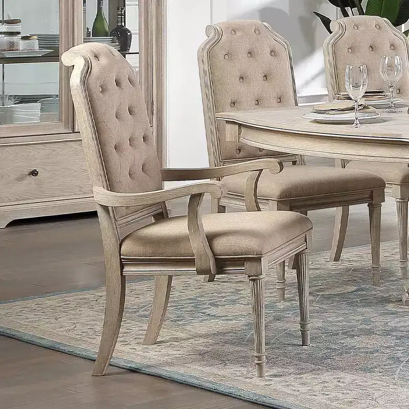 High Back Dining Arm Chair with Button Tufted Upholstery – Vintage Bone White