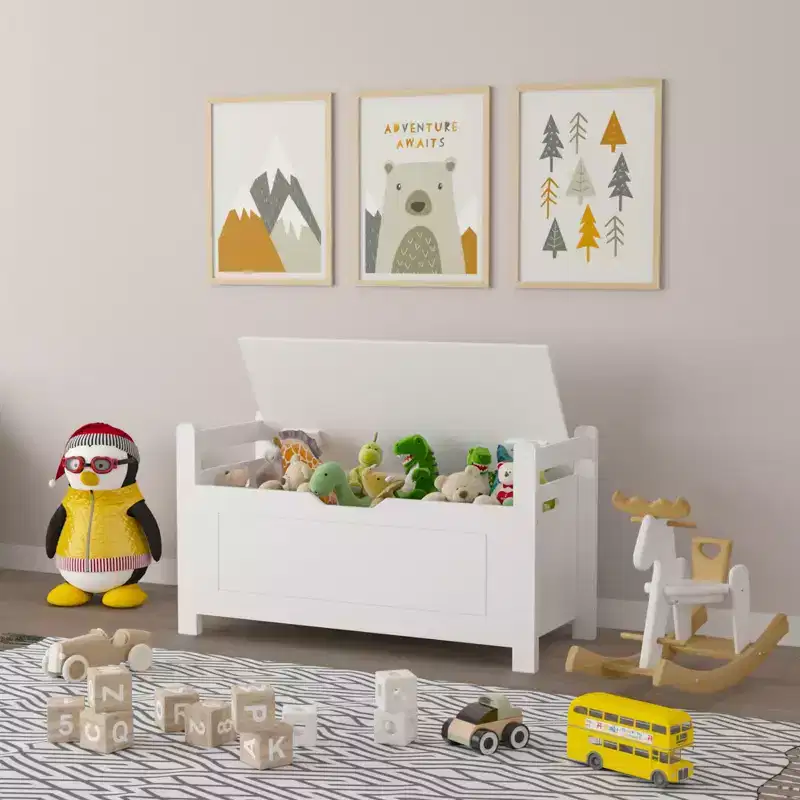 Kids Toy Box Chest with Cushion Seat Bench and Flip-Top Lid, Large Storage Organizer Trunk
