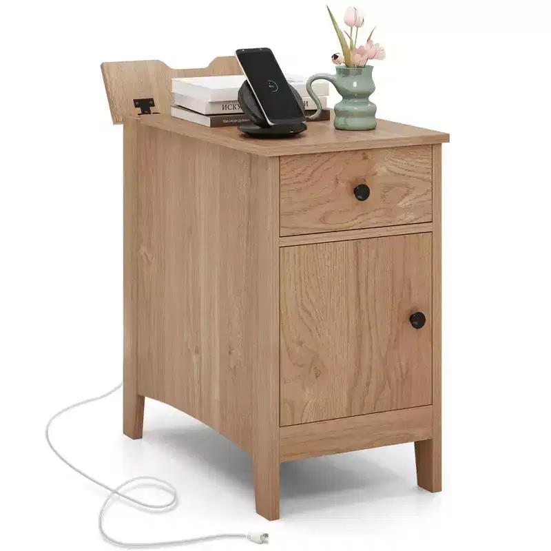 Costway 1/2 PCS End Table with Charging Station Flip Top Bedside Table with USB Ports & Outlets Brown