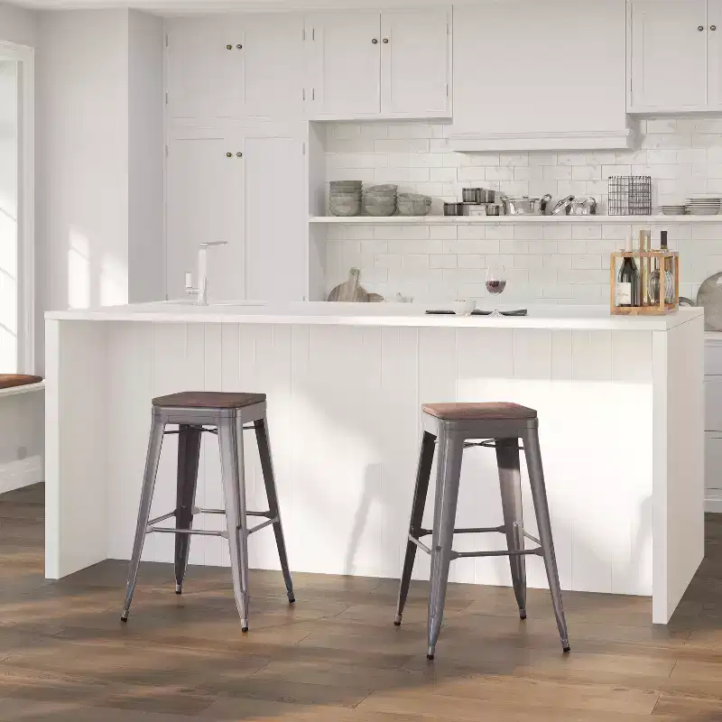 Clear Coated Gray Metal Bar Counter Stool With Textured Walnut Elm Wood Seat