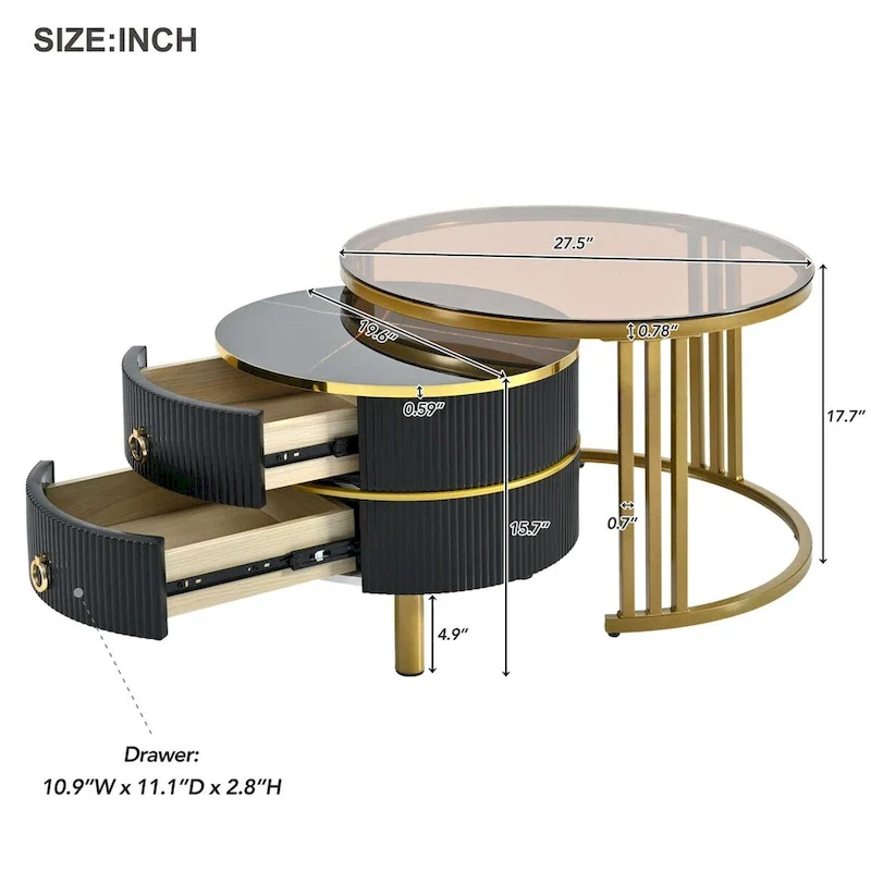 Mieres Modern Stackable Coffee Table, Nesting Coffee Table Set of 2, Side Tables with Brown Tempered Glass Tabletop