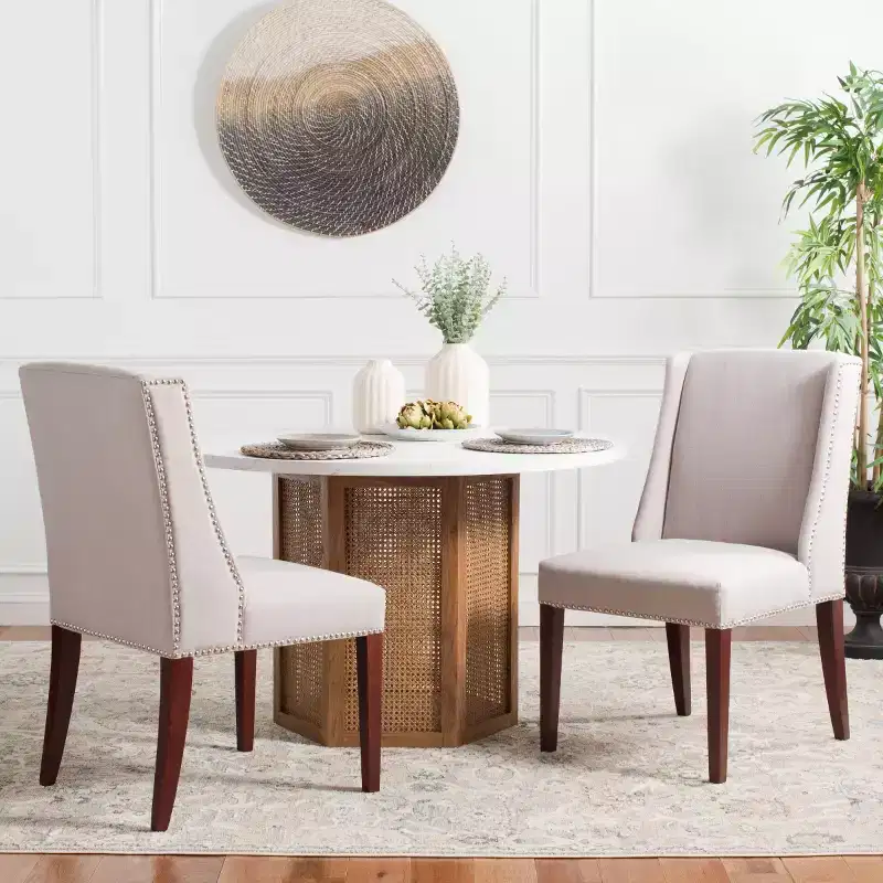 Taupe Linen Armless Dining Chair, High Back, Nailhead Trim – Set of 2