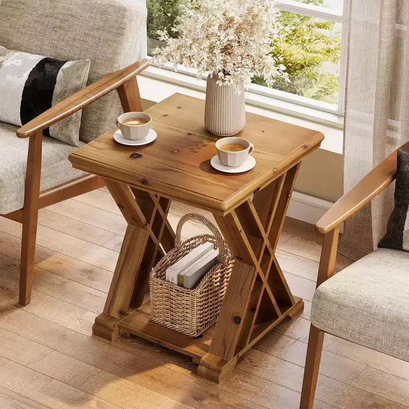 Solid Wood 2-Tier Side Table with X-Leg Design