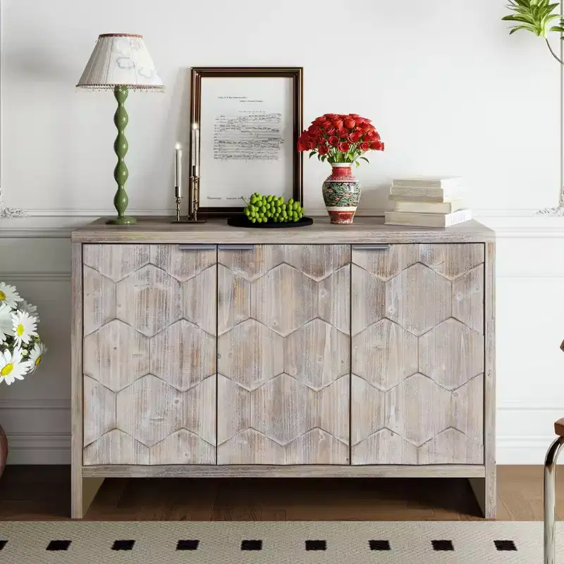 Okak Farmhouse Accent Cabinet, Sideboard Cabinet with Four Carved Patterns Doors, Storage Cabinet for Kitchen, Dining Room, Entryway