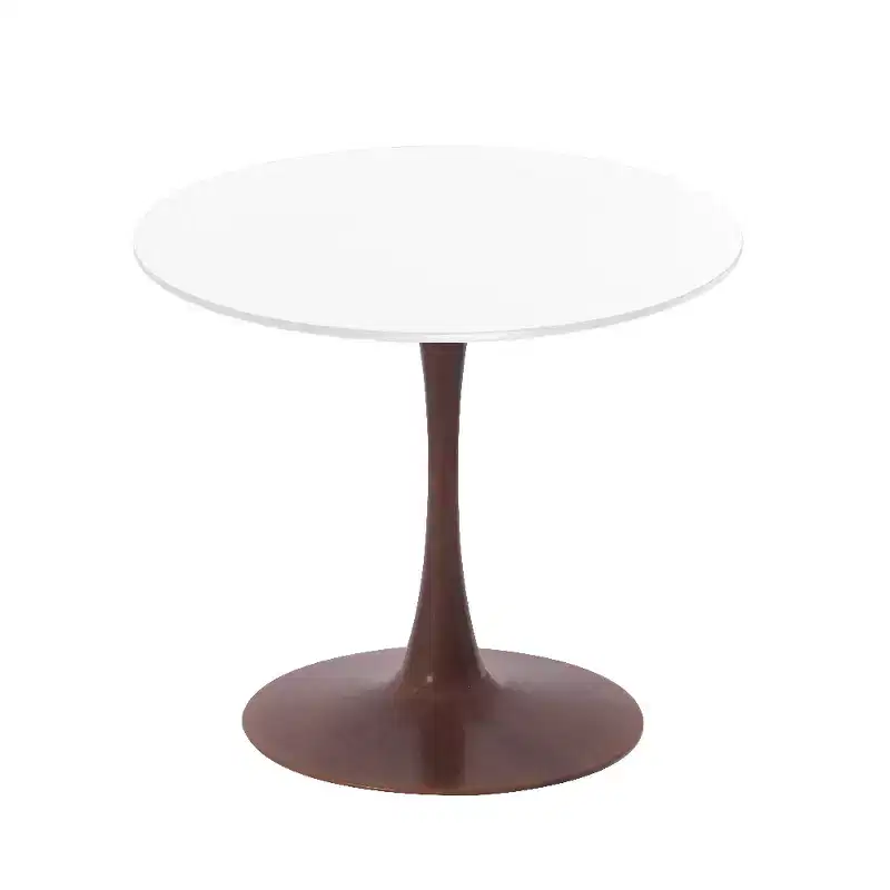 LeisureMod Bristol 27 Round Dining Table  MDF Top with Walnut Steel Pedestal Base, Modern Kitchen & Dining Room Accent Table for Small Spaces