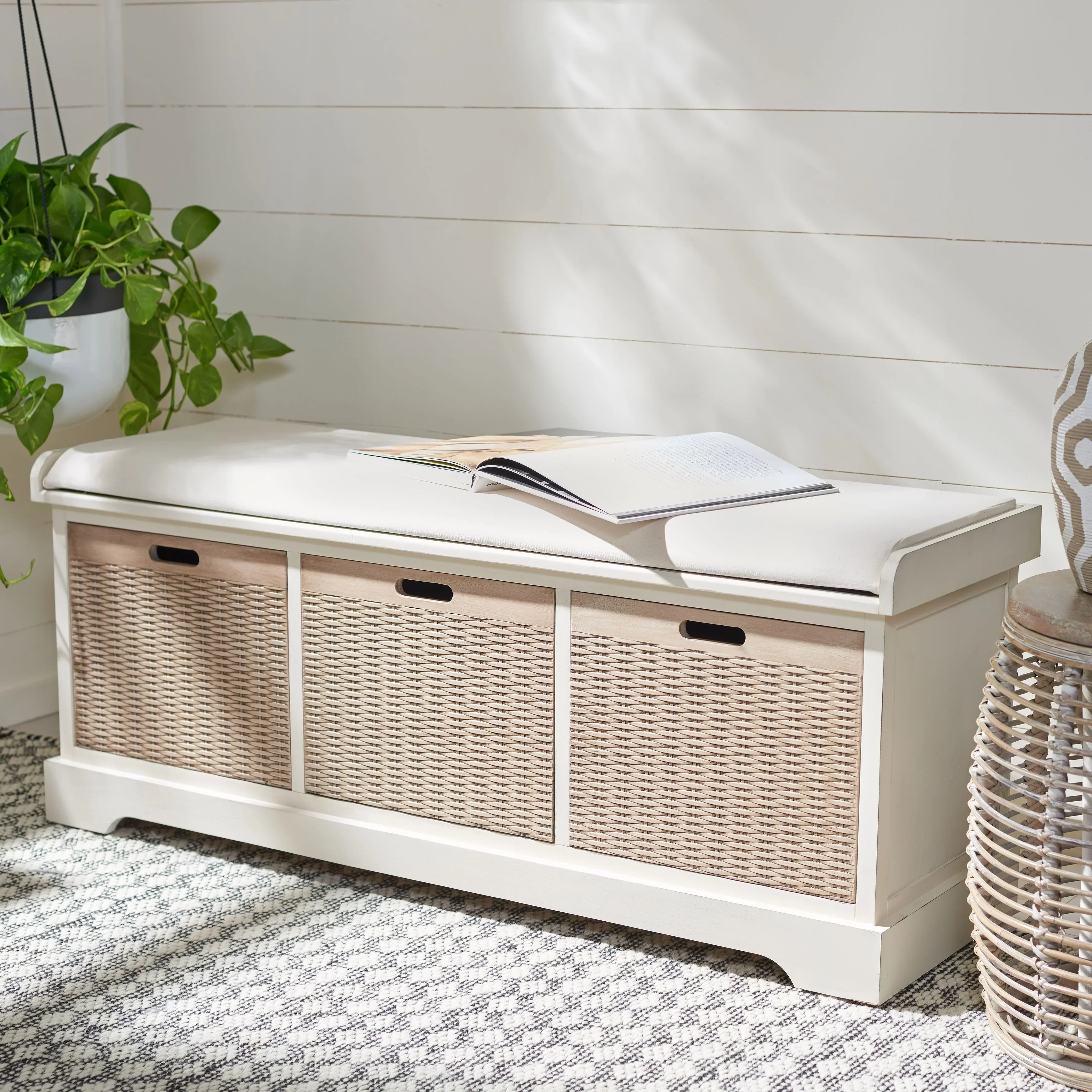 SAFAVIEH Fiorello 3-Drawer with Cushion Storage Bench - 47.3 W x 15 L x 19 H - 47Wx15Dx19H