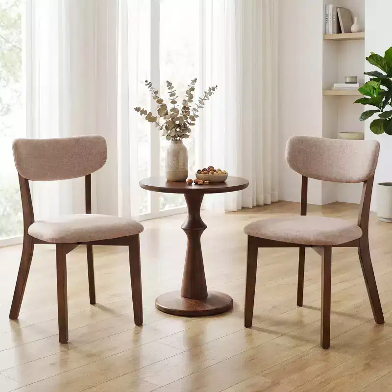 2 PCS Upholstered Dining Chairs with Solid Rubber Wood Frame, Curved Backrest Brown/Grey