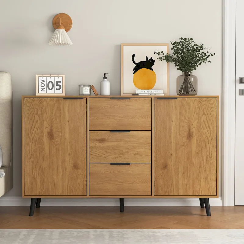 Sideboard Buffet Cabinet, Coffee Bar Cabinet, 47.2 Cabinet with 3 Drawers & 2 Doors, Kitchen Buffet Cabinet Cupboard Natural