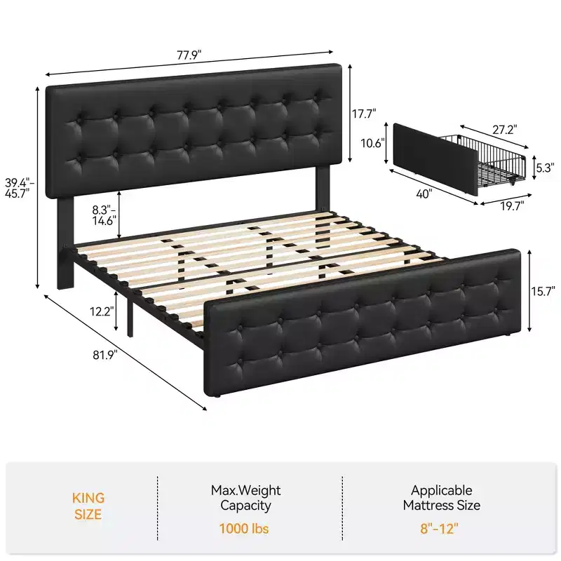 King Size Upholstered Platform Bed Frame with 4 Storage Drawers - Adjustable Button Tufted Headboard - Sturdy Wooden Slats, Black