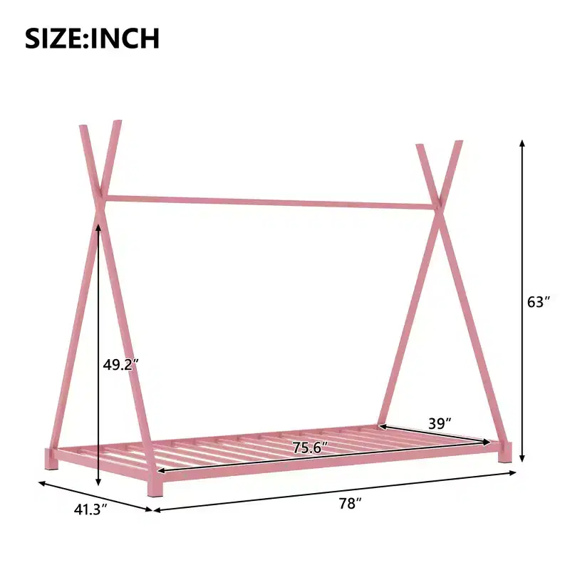 Bellemave Floor Bed Twin Size for Kids, Metal Montessori Floor Bed for Kids Tent Bed with Slats, Pink