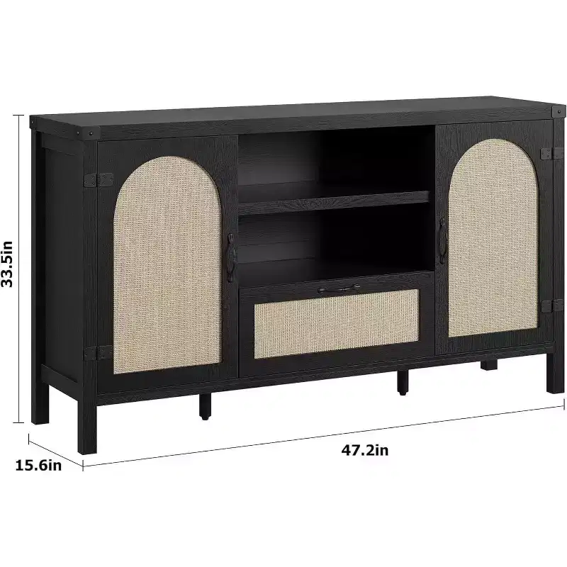 Acekool 47.2'' Rattan Buffet Cabinet, Sideboard with Doors, Drawer & Adjustable Shelf, Boho Coffee Bar Storage for Kitchen Living Room, Wood Color