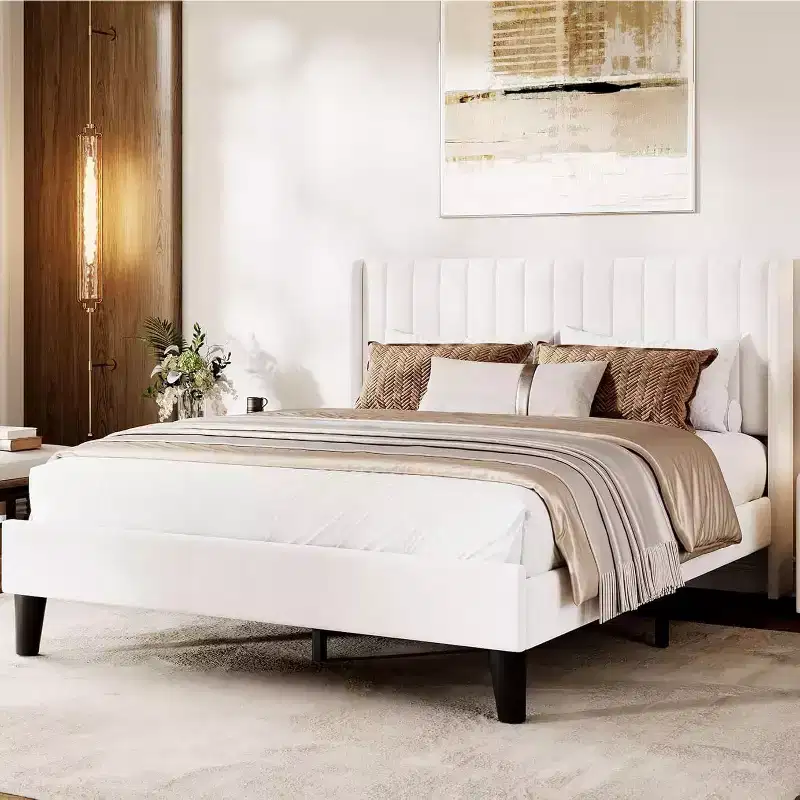Acekool Bed Frame with Wingback Headboard, Upholstered Platform Bed, Vertical Channel Tufted, Wood Slats Support, No Box Spring Needed, White