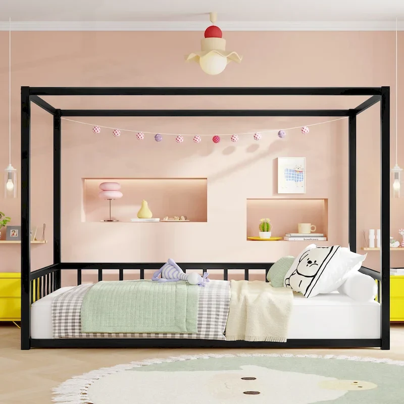 Iron House Bed Frame with Side Guardrails – Full / Queen / Twin
