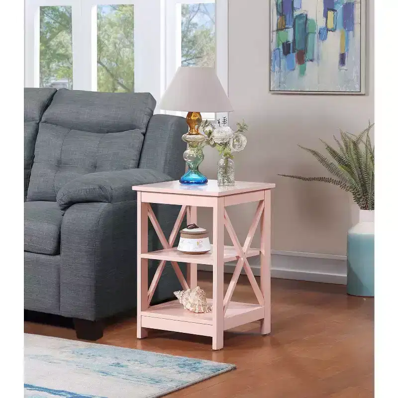 End Table with Spacious Three Open Shelves and Decorative X Frame Panels, Stylish Storage Side Table for Living Room Dcor