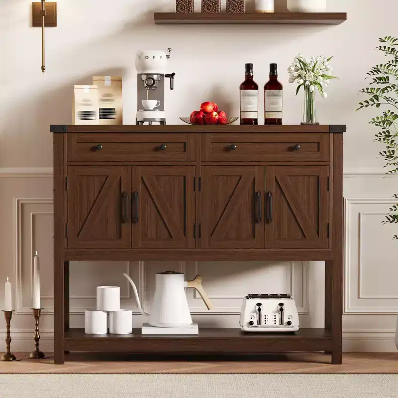47 Sideboard Buffet Cabinet, Wooden Coffee Bar Cabinet with 2 Drawers, Entryway Console Table, Floor Cupboard Cabinet for Kitchen Living Room