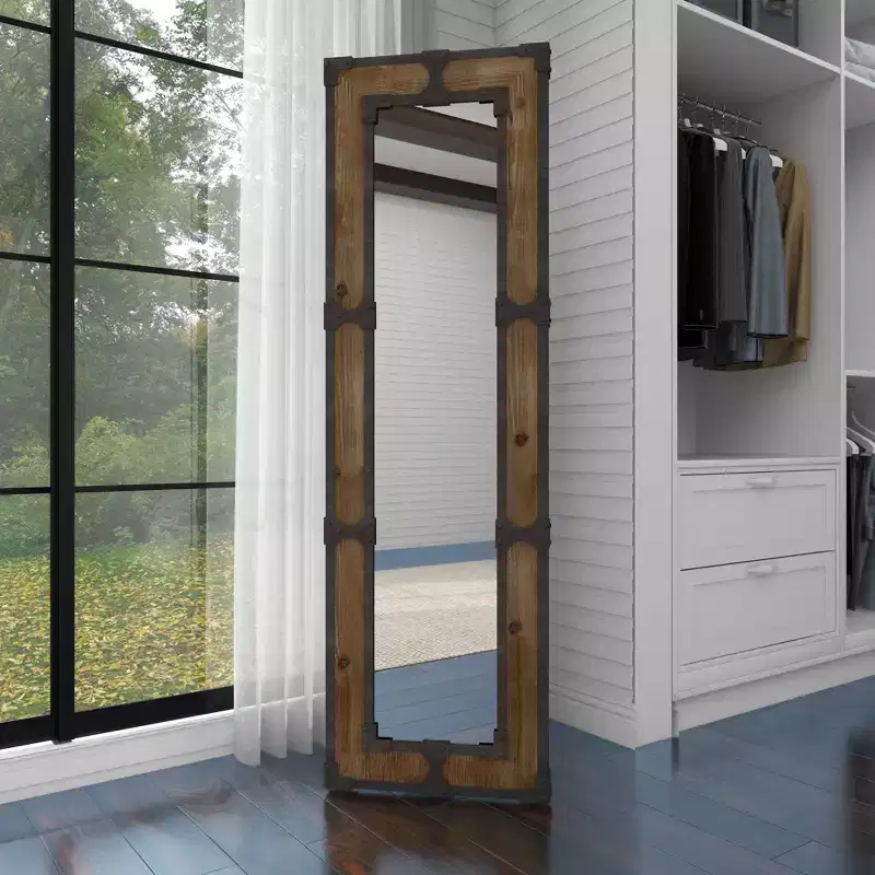 Rustic Wood Freestanding Floor Mirror in Brown, Ornate Decorative Frame