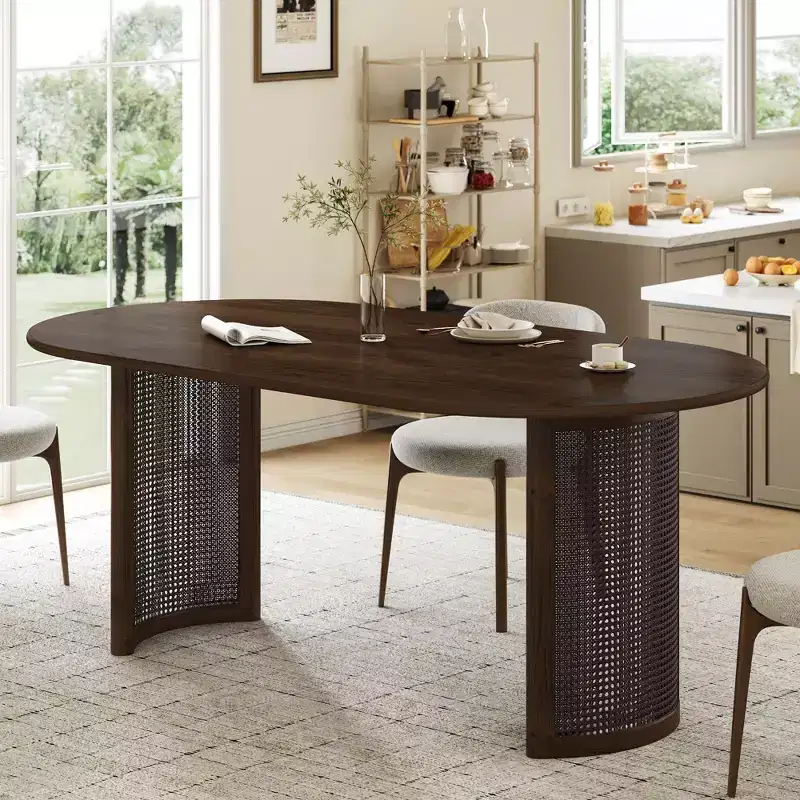 PexFix 67 Oval Dining Table for 4-6 with Arc-Shaped Edge Top and Rattan Woven Base Modern Farmhouse Kitchen Table for Living Room Dining Room Walnut