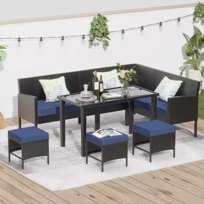 Whisen Patio 7 Pieces Outdoor Sofa Set, Patio Garden Rattan Conversation Seating Set with Soft Cushions