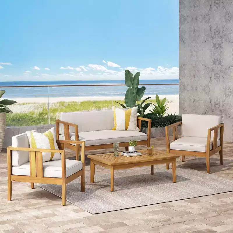 Nicholson Outdoor 4 Seater Acacia Wood Chat Set - Teak/Beige - Christopher Knight Home: Patio Conversation Set with Cushions & Coffee Table