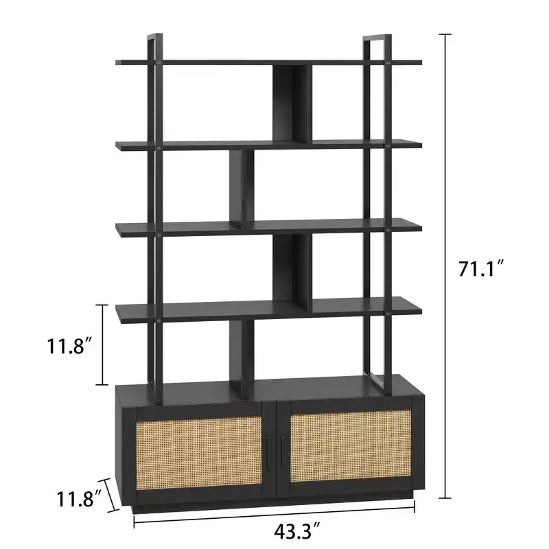 5 Tier Rattan Bookshelf with Storage Cabinet & Door, 71.1 Inch Tall Industrial Book Shelf with Open Display Shelves
