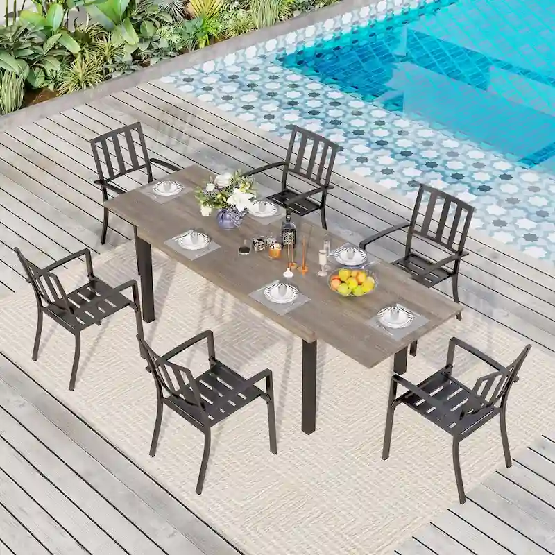 MAISON ARTS 7/9-Pieces Patio Dining Set with Metal Rectangle Expandable Table and Metal Stackable Chairs
