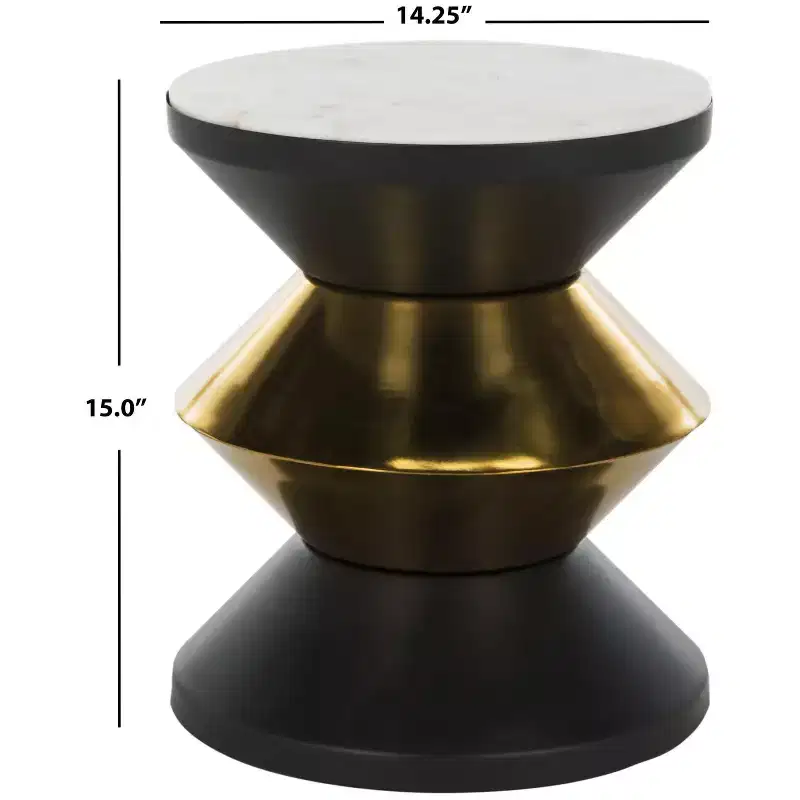 Round Stone Top Side Table with Black & Gold Hourglass Base, Modern Sculpture Accent