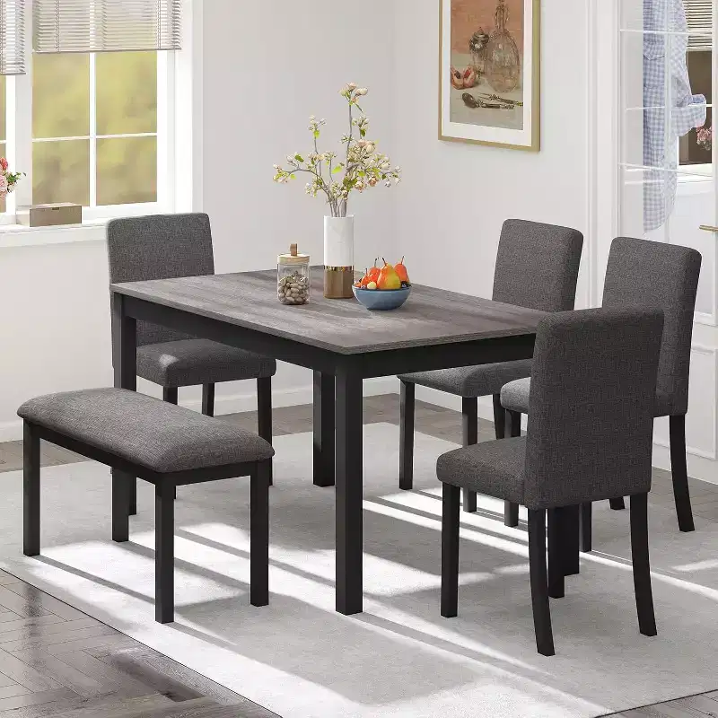 Zevemomo 6-Piece Solid Wood Dining Table Set,Including 1 Dining Table,4 Upholstered Chairs and 1 Bench,for Dining Room, Kitchen, Restaurant,Dark Grey