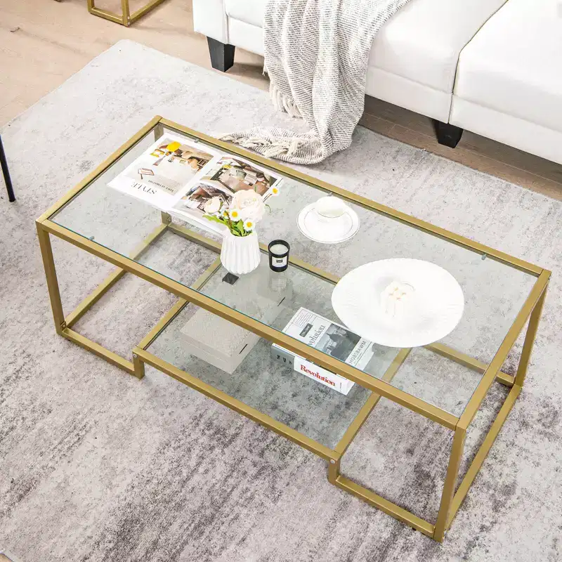 45'' Rectangular Tempered Glass Coffee Table with Storage Shelf