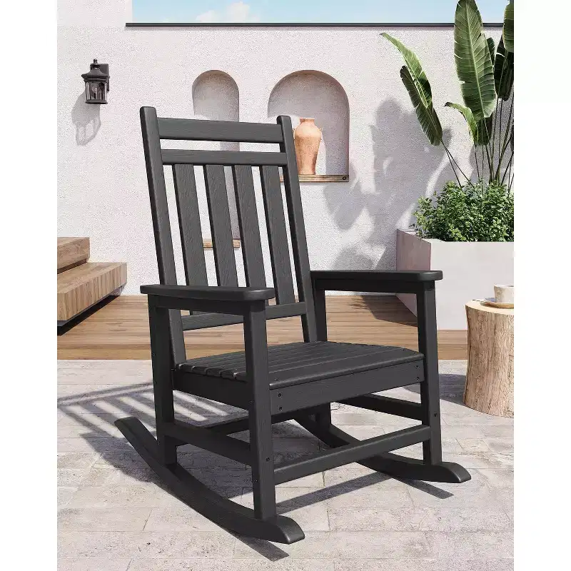 All-Weather HDPE Poly Lumber Adirondack Rocking Chairs Set of 4, High Back Patio Porch Rockers, Low Maintenance, Black