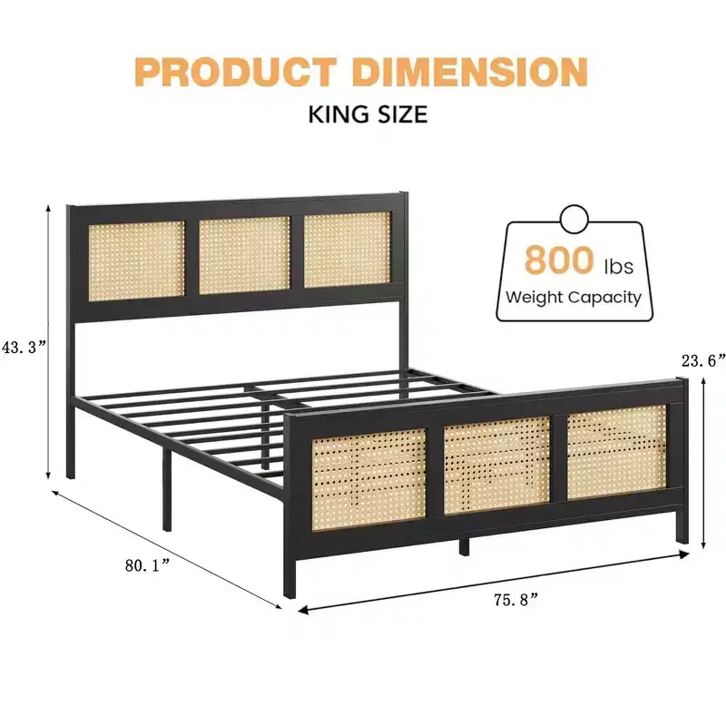 Coolmee King Size Rattan Bed Frame with Headboard, Boho Cane Platform Bed Frame with Strong Metal Slat, Noise Free, No Box Spring Needed