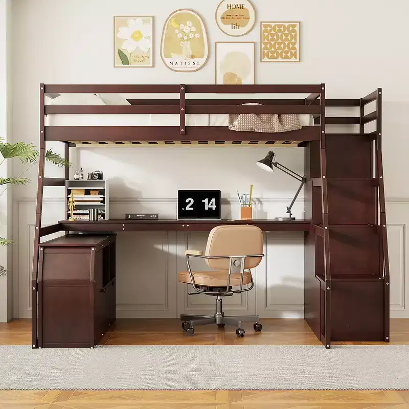 Full Size Loft Bed with 7 Drawers, 2 Shelves and Desk, Solid Construction