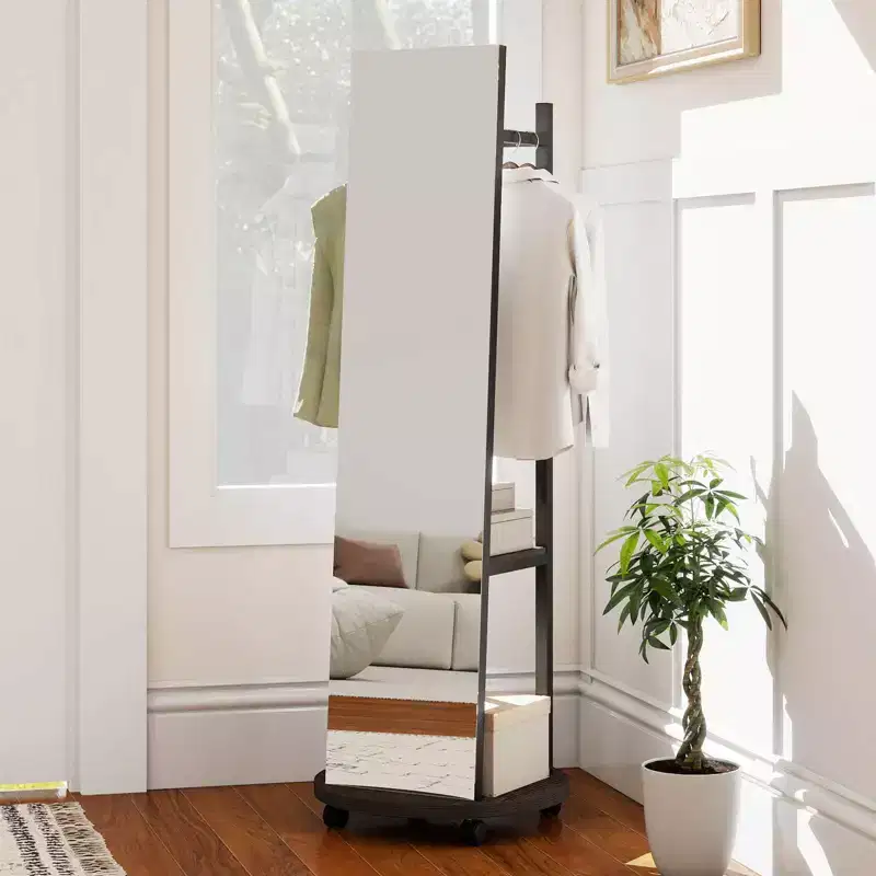 Costway Coat Rack with Full Length Mirror, 3 Hooks & Storage Shelves, 360 Swivel Wheels Browm/Natural/Black & Walnut