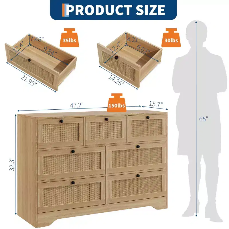 7 Drawer Rattan Dresser,47.2''Wide Boho Dresser, Chest of Drawers, Closet Organizer, Natural Wood Dressers Chest for Bedroom, Living Room, Entryway