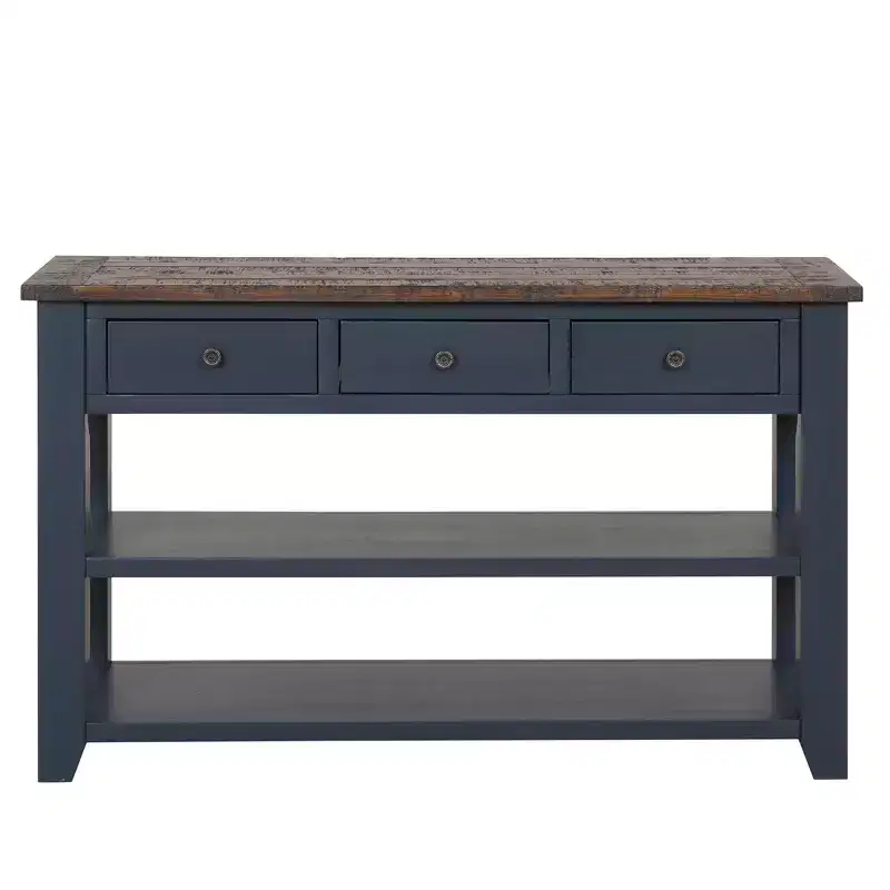 Hostack 48'' Solid Wood Top Console Table with 3 Storage Drawers and 2 Shelves, Blue