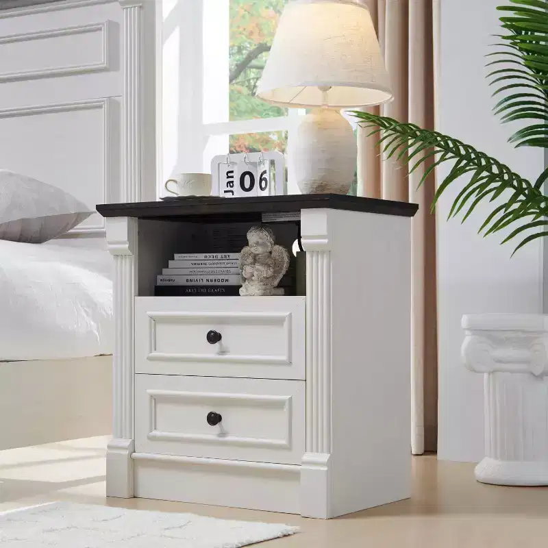 26 Nightstand with Charging, 23.6 Farmhouse Table Open Shelf & 2 Drawers