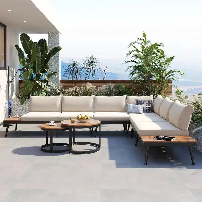 6-Piece Outdoor Sectional Sofa Set with Nesting Coffee Tables and Cushioned Seating